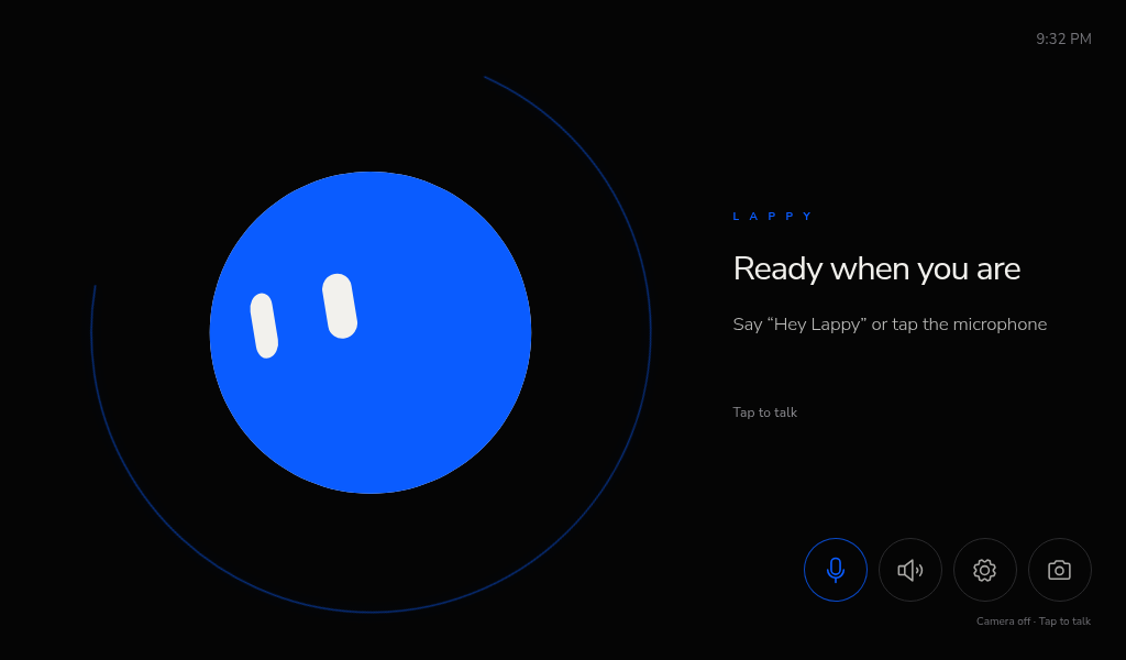 The Blobby kiosk interface with an animated blue face and a clock on a black touchscreen layout.